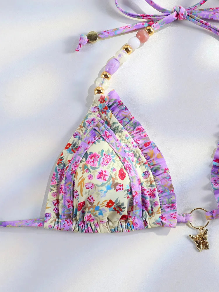 Purple Floral Ruffle Bikini with Butterfly Charm Aesthetic