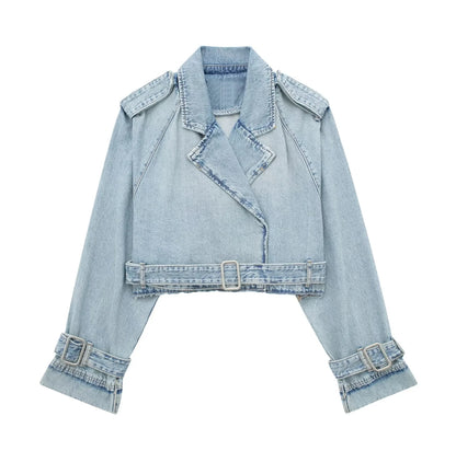 Long Sleeve Crop Top Belted Design Women Spring Denim Jackets