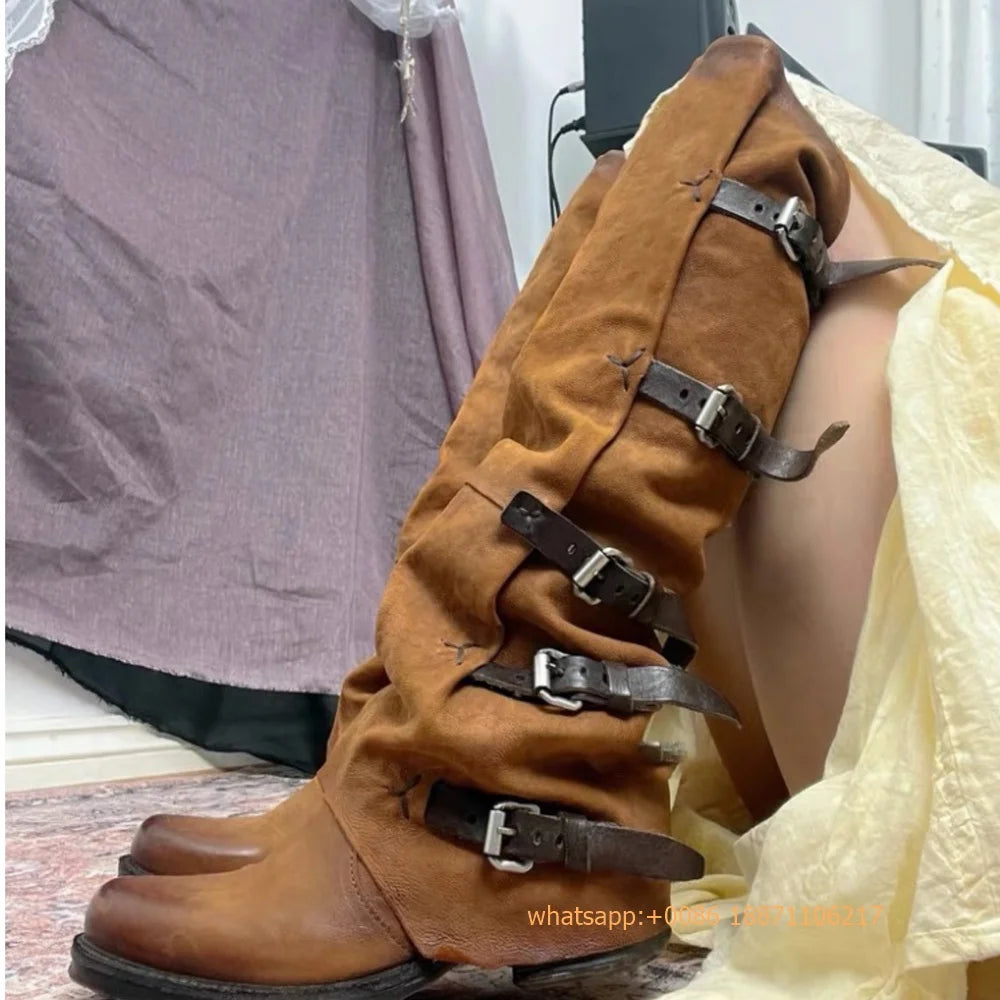 Womens Large Mid Length Retro Boots Buckle Casual Knight Boots For Autumn Winter 2025