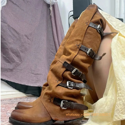 Womens Large Mid Length Retro Boots Buckle Casual Knight Boots For Autumn Winter 2025