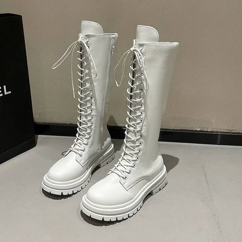 Women’s Knee-High Platform Boots 2025 – Korean Style PU Leather Fleeced Chunky Heel Winter Boots
