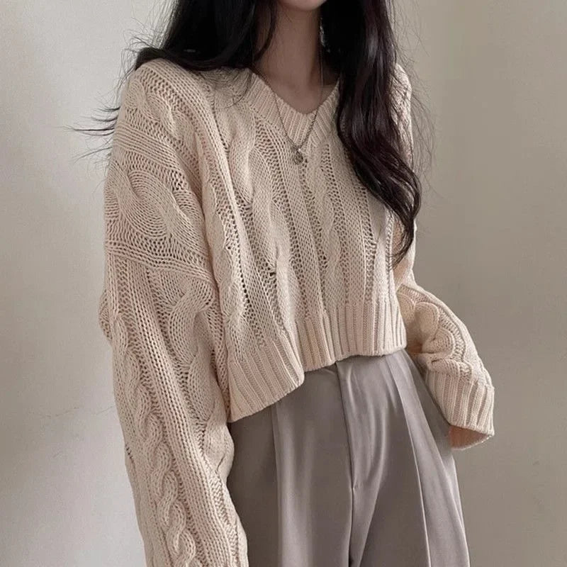 Korean Fashion Sequin Corset Sweater O Neck Solid Knit Pullover Casual Long Sleeve Short Top For Women