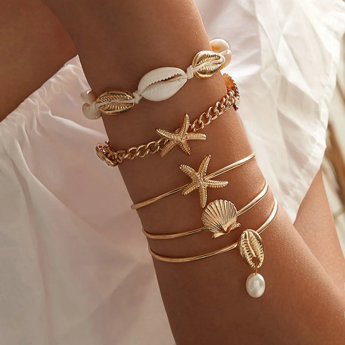 Greek Goddess Vibes - Elegant Gold Sea Shell Charm Bracelet Stack