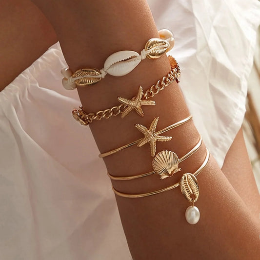 Greek Goddess Vibes - Elegant Gold Sea Shell Charm Bracelet Stack