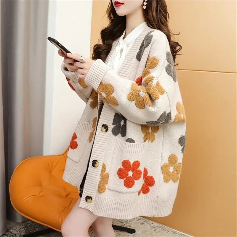 Vintage Long Sleeve Printed Cardigan V Neck Button Up Floral Sweater With Pockets Spring Autumn Casual Women S Clothing