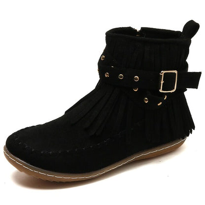 Retro Women’s Tassel Short Boots – Round Toe, Rivet Buckle Flat Ankle Boots, Casual Winter Warm Shoes for Women