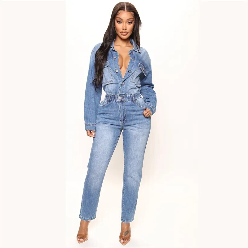 Double-Pocket Half-Open Denim Jumpsuit: Chest Splicing Slim Fit ...