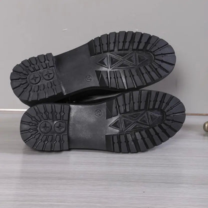 Women Cow Leather Round Toe Thick Sole Ankle Chelsea Boots