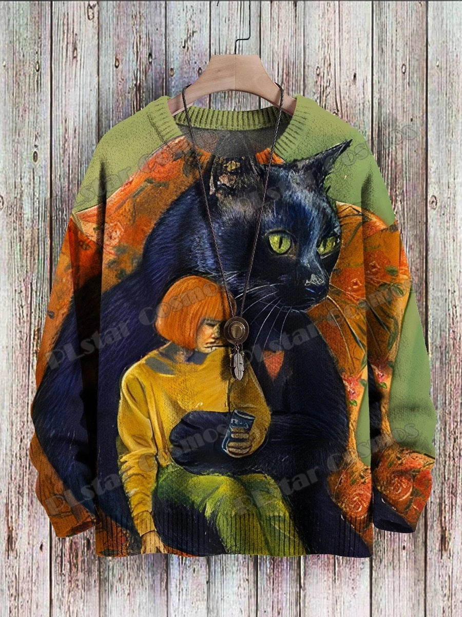 Vibrant Ukiyo-e Cat Sweater for Cozy Sunset Walks