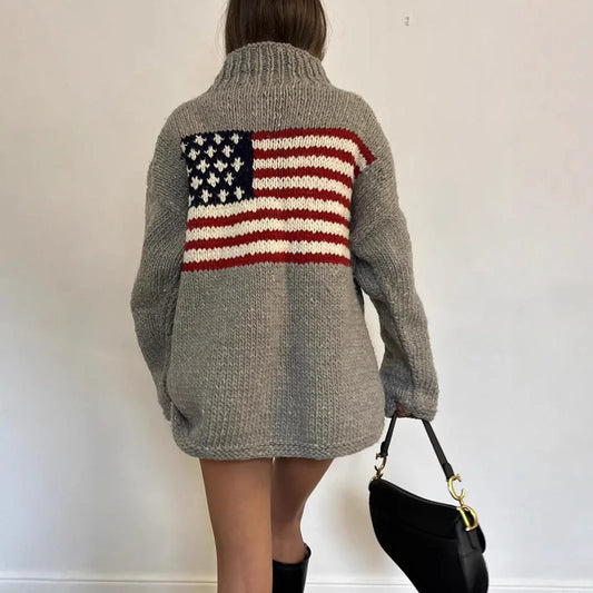 European American Y2K Street Women S High End High Neck Sweater Star Stitching Pattern Warm Knitted Pullover Sweater