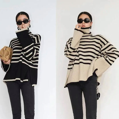 Stylish Women’s Long Sleeve Sweater – High Collar Striped Knit Pullover with Split Hem, Soft & Warm Winter Sweater for Ladies