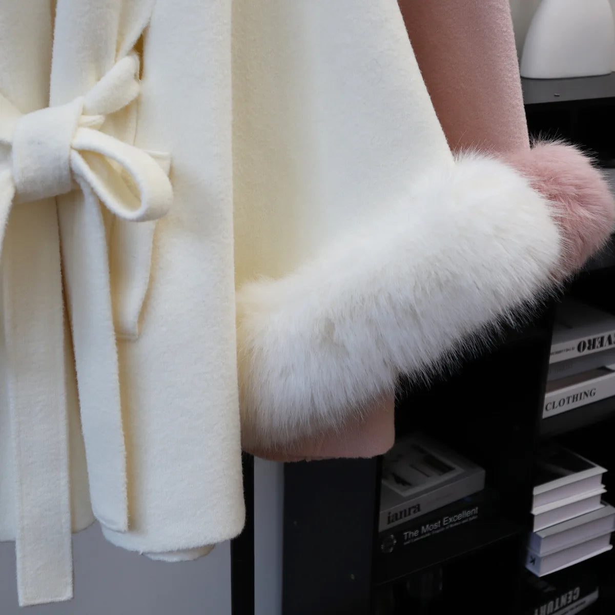 Lace-Up Wool-Blend Cape Coat – Elegant Autumn Winter Overcoat for Women