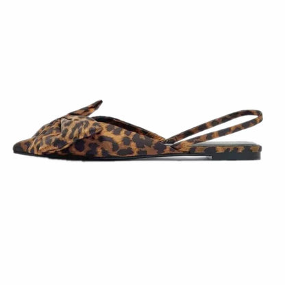 Big Ribbon Design Leopard Print Flat Slippers For Summer