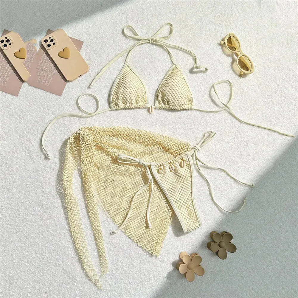 Chic Brown Mesh Bikini and Sarong Set for the Ultimate Coastal Aesthetic