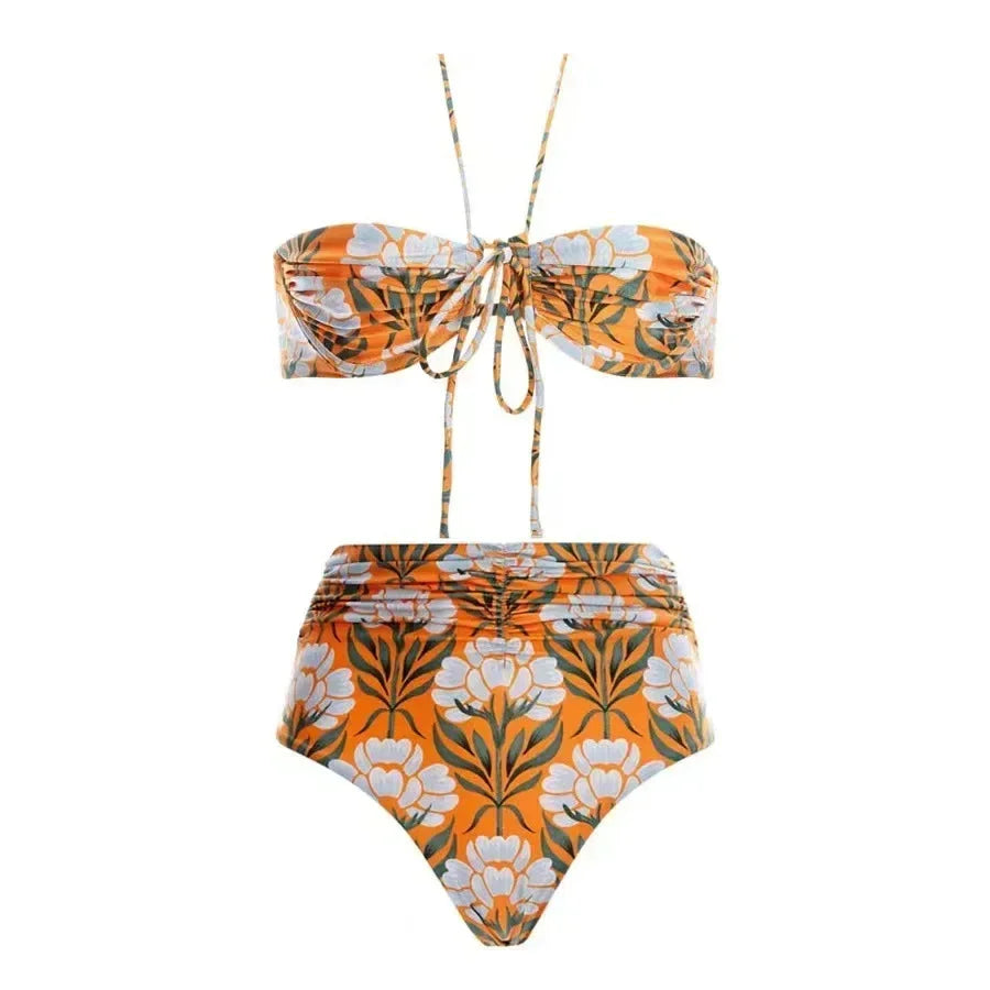 Vintage Floral Cut-Out Halter One Piece Swimsuit Aesthetic