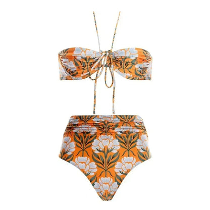 Vintage Floral Cut-Out Halter One Piece Swimsuit Aesthetic
