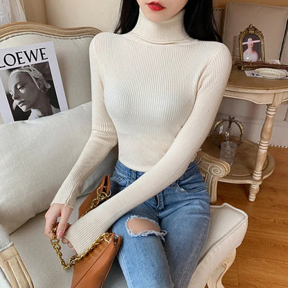 2025 Autumn Winter Women S Thick Ribbed Knitted Turtleneck Sweater Slim Fit Long Sleeve Pullover Soft Warm