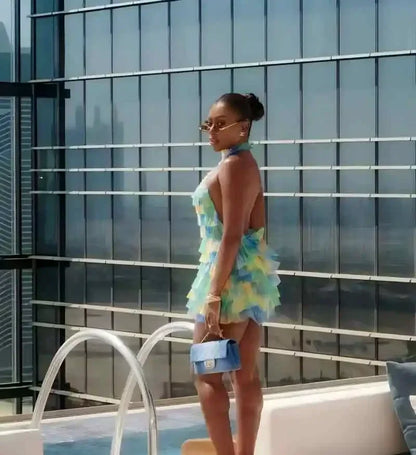 Sexy Mesh Mid Calf Dress For Women Girl Print Halter Cut Out Beach Cover Up