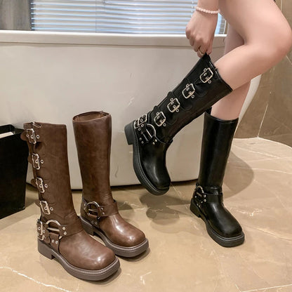 Women’s Knee-High Platform Motorcycle Boots – Low Square Heel Punk Gothic Rock Leather Shoes