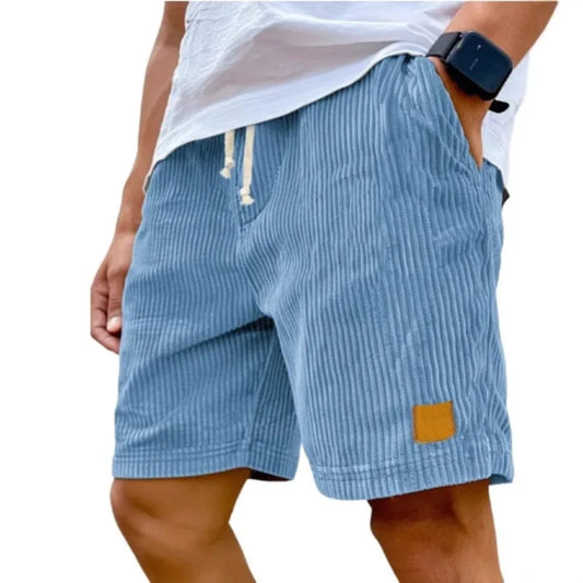 Casual Vacation Mood: Men's Light Blue Corduroy Drawstring Shorts