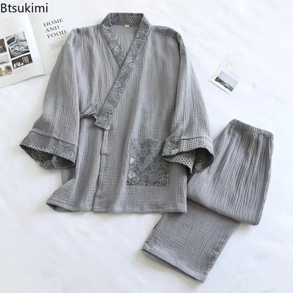 2025 Women S Kimono Pajama Set 100 Cotton Crepe Long Sleeve Top Trousers Soft Sleepwear Suit For Home
