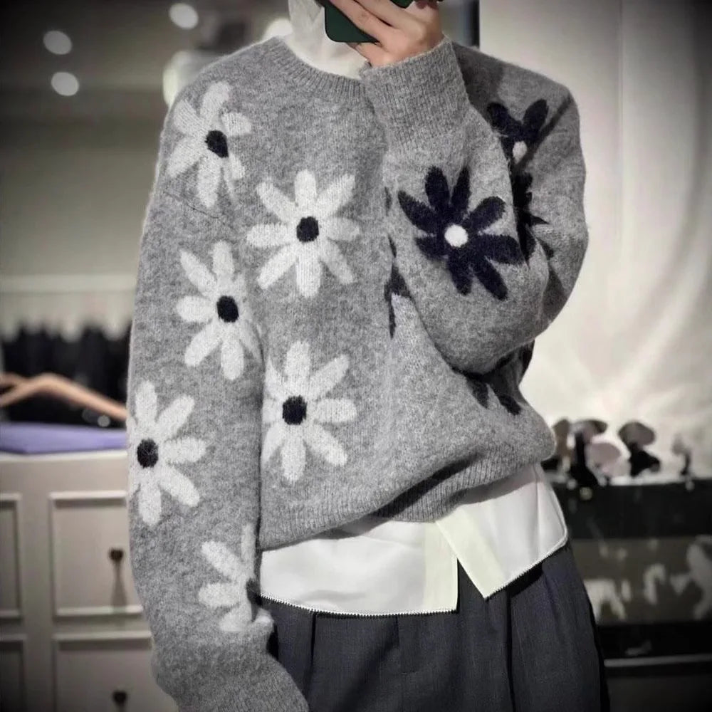 Flower Knitted Half Sleeve O Neck Sweaters