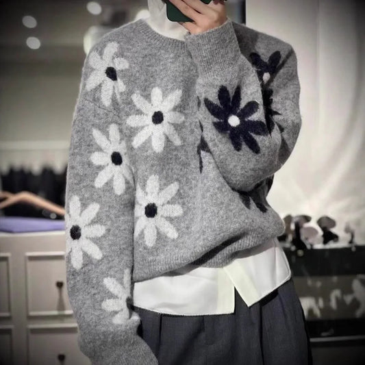 Flower Knitted Half Sleeve O Neck Sweaters