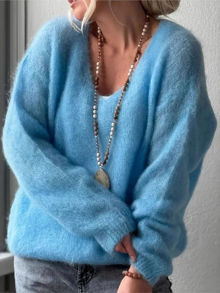 Loose V Neck Loungewear Pullover For Women Autumn Winter Fashion Sweater With Long Raglan Sleeves New Patchwork Solid Ladies Tops