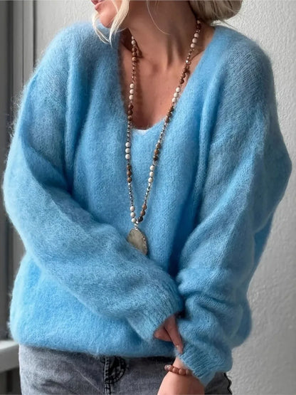 Loose V Neck Loungewear Pullover For Women Autumn Winter Fashion Sweater With Long Raglan Sleeves New Patchwork Solid Ladies Tops
