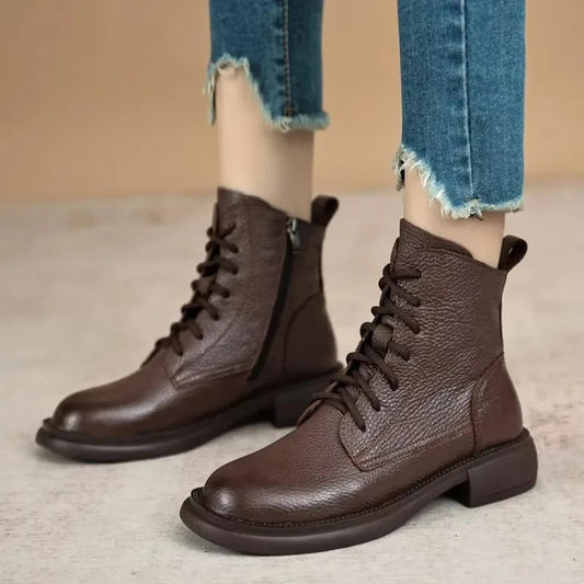 Genuine Leather Classic Style Low Heel Women Winter Boots