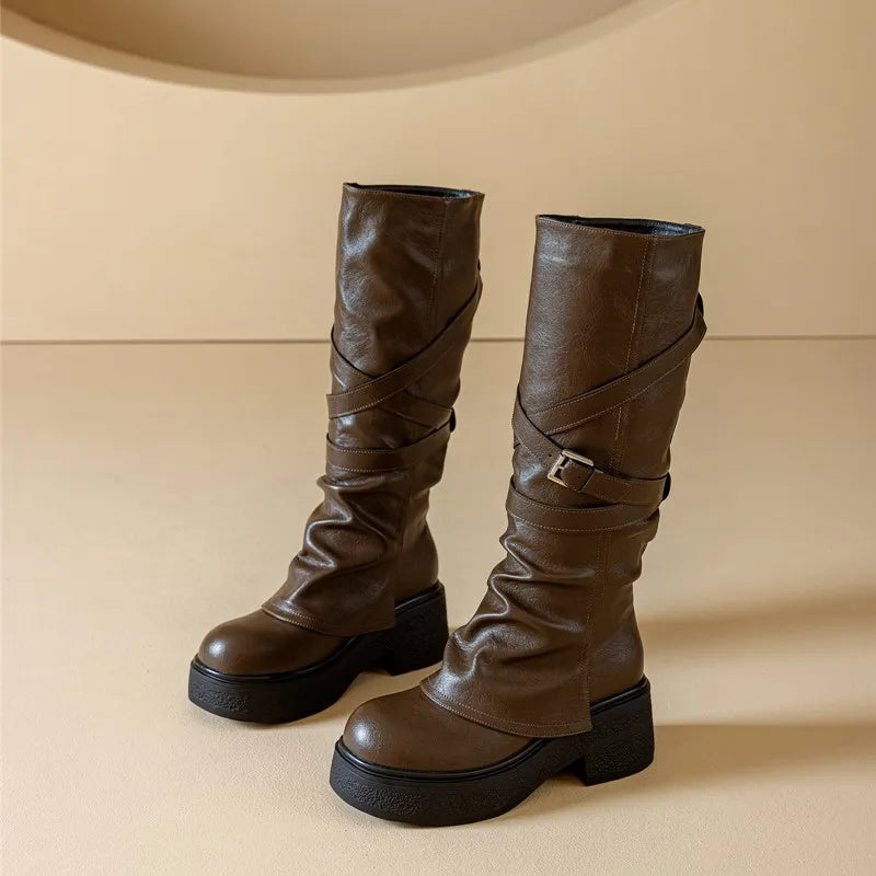 Women’s Knee-High High Heel Riding Boots 2025 – PU Leather Platform Princess Slim Boots