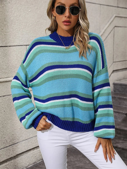 2024 Autumn/Winter Women's Striped O-Neck Sweater: O-Neck, Long Sleeves, Oversized Fit