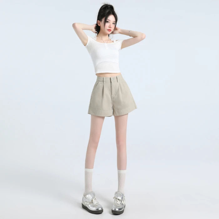 Urban Minimalist: Pleated High-Waist Khaki Shorts