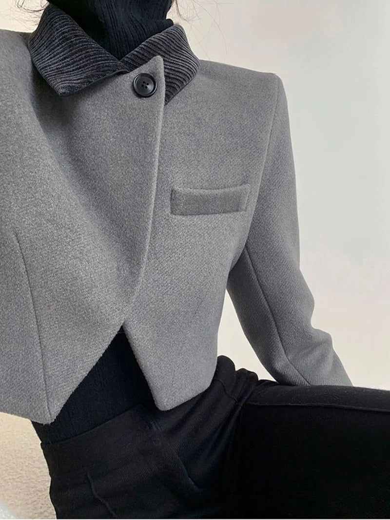 French Design Grey Cropped Tweed Blazer Jacket For Women