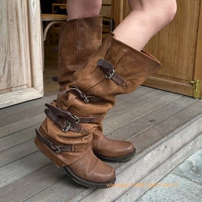 Womens Large Mid Length Retro Boots Buckle Casual Knight Boots For Autumn Winter 2025
