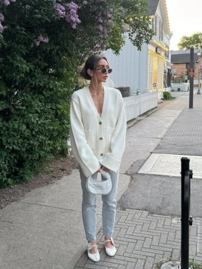 2025 Winter Women S Solid Color Cardigan Knitted Loose Fit Xxl Sweater Coat With Pockets Black