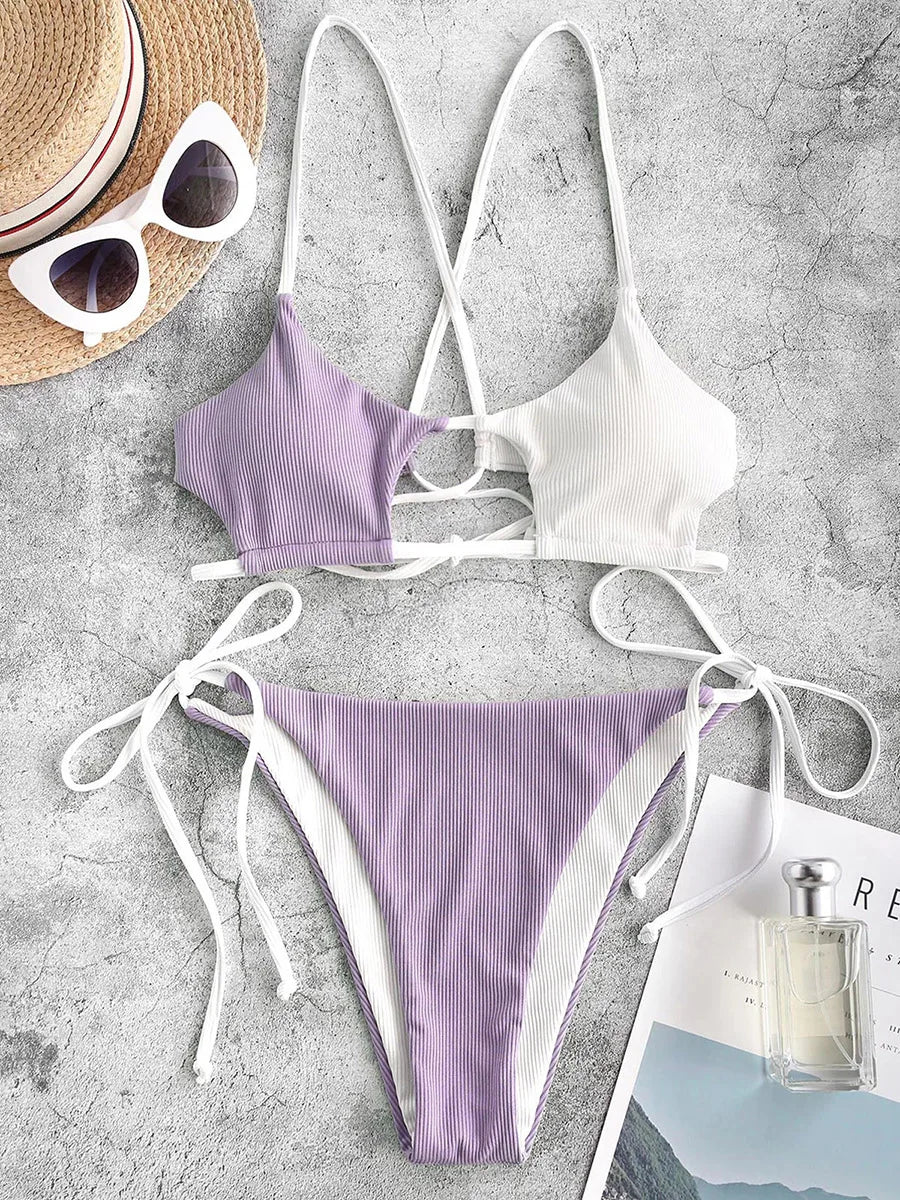 Elegant Black Lace-Up Ribbon Detail Bikini Aesthetic