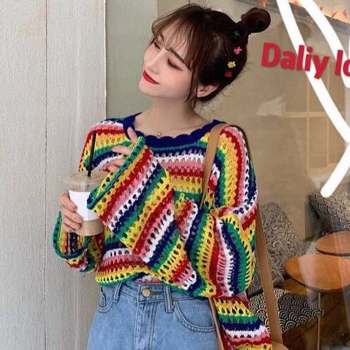 Women Rainbow Colorful Stripe Sweaters