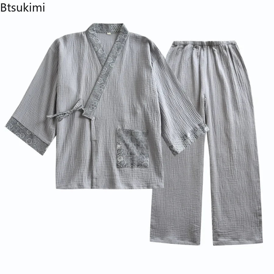2025 Women S Kimono Pajama Set 100 Cotton Crepe Long Sleeve Top Trousers Soft Sleepwear Suit For Home