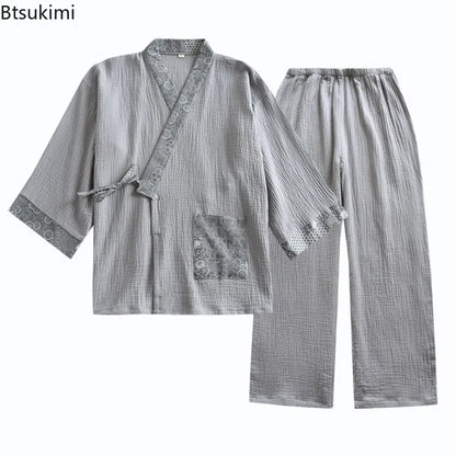 2025 Women S Kimono Pajama Set 100 Cotton Crepe Long Sleeve Top Trousers Soft Sleepwear Suit For Home
