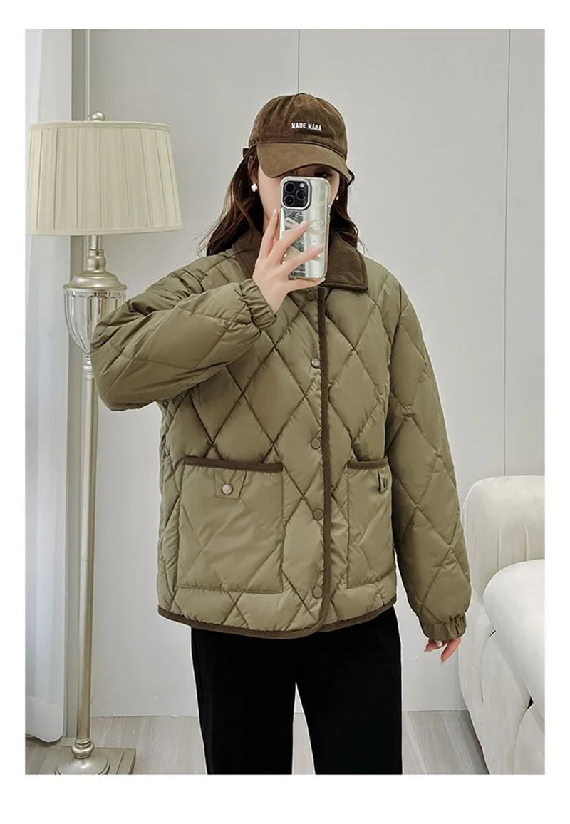 Quilted PU Leather Short Coat – Warm Rhombic Lattice Winter Jacket for Women