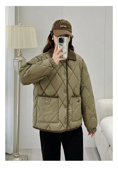 Quilted PU Leather Short Coat – Warm Rhombic Lattice Winter Jacket for Women