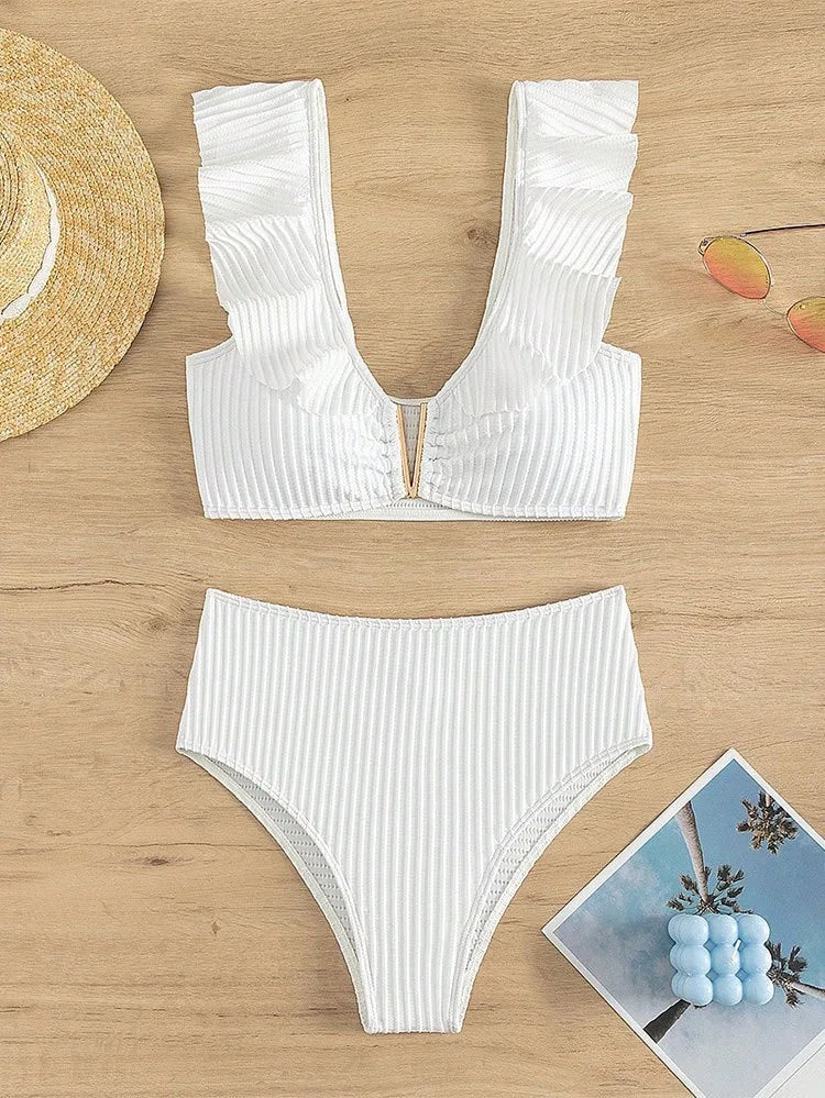 Elegant White Ruffle High Waist Bikini Aesthetic