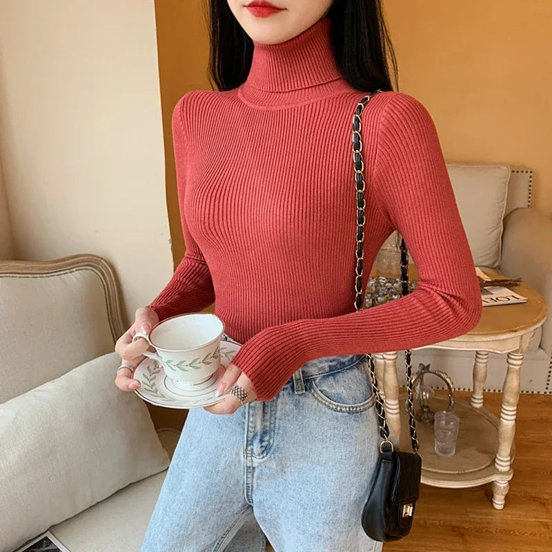 2025 Autumn Winter Women S Thick Ribbed Knitted Turtleneck Sweater Slim Fit Long Sleeve Pullover Soft Warm