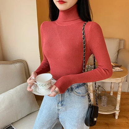 2025 Autumn Winter Women S Thick Ribbed Knitted Turtleneck Sweater Slim Fit Long Sleeve Pullover Soft Warm