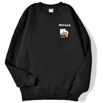 Mocha Cat Cup Printed Crew Neck Sweatshirts