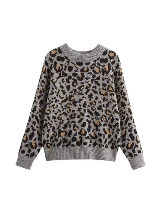 V Leopard Design Long Sleeve Women Winter Pullovers