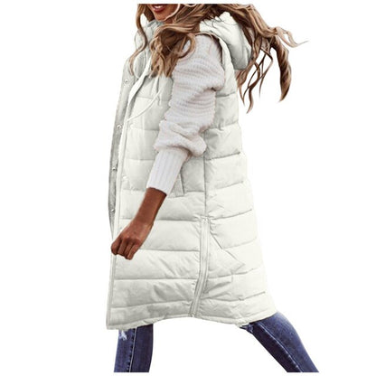 2025 Women's Long Winter Quilted Hooded Vest, Sleeveless Down Cotton Jacket with Pockets, Warm Outdoor Coat S-5XL