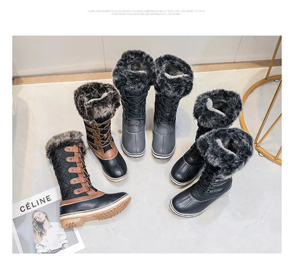 Winter High Lace-Up Snow Boots: Warm, Fur-Lined Mid-Calf Shoes for Women