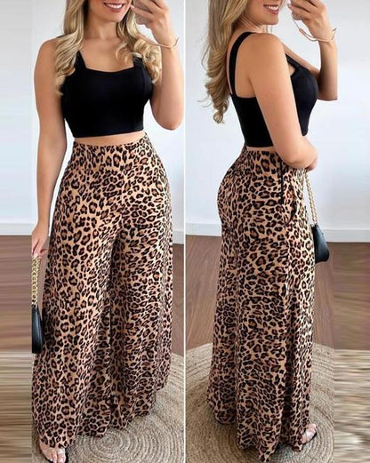 Square Neck Sleeveless Crop Leopard Pant Two Piece Women Outfit Sets